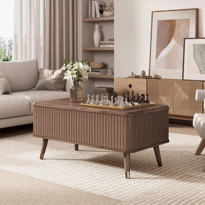 Lift Top Coffee Table with Storage,Mid Century Modern Coffee Table,Fluted Wood Rectangle Center Table for Living Room,Office