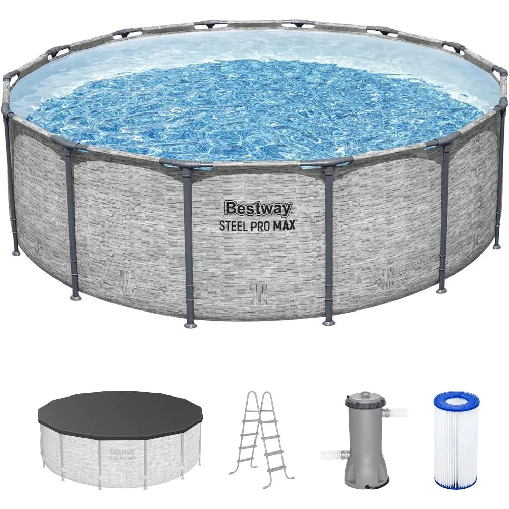 Steel Pro MAX 14 x 48 Above Ground Pool, Round Metal Frame Outdoor Swimming Pool Set with Filter Pump, Ladder, and Cover, Gray