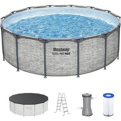 Steel Pro MAX 14 x 48 Above Ground Pool, Round Metal Frame Outdoor Swimming Pool Set with Filter Pump, Ladder, and Cover, Gray