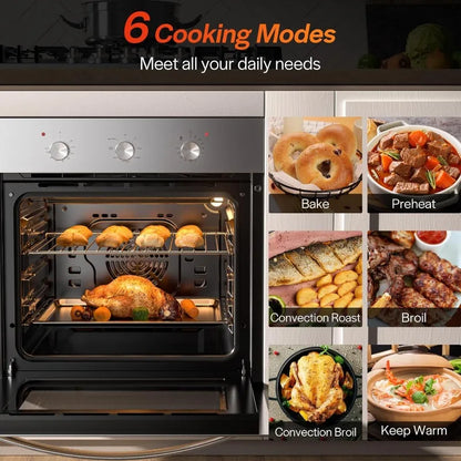 home.24 inch Electric Single Wall Oven with 6 Cooking Funcitons, Built-in Convection System with Mechanical Knob Control,