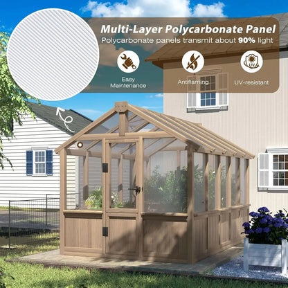 6x10 FT Green House for Outdoor, 6MM Thick Polycarbonate Panel Wooden Walk-in Greenhouse Kit with Lockable Door