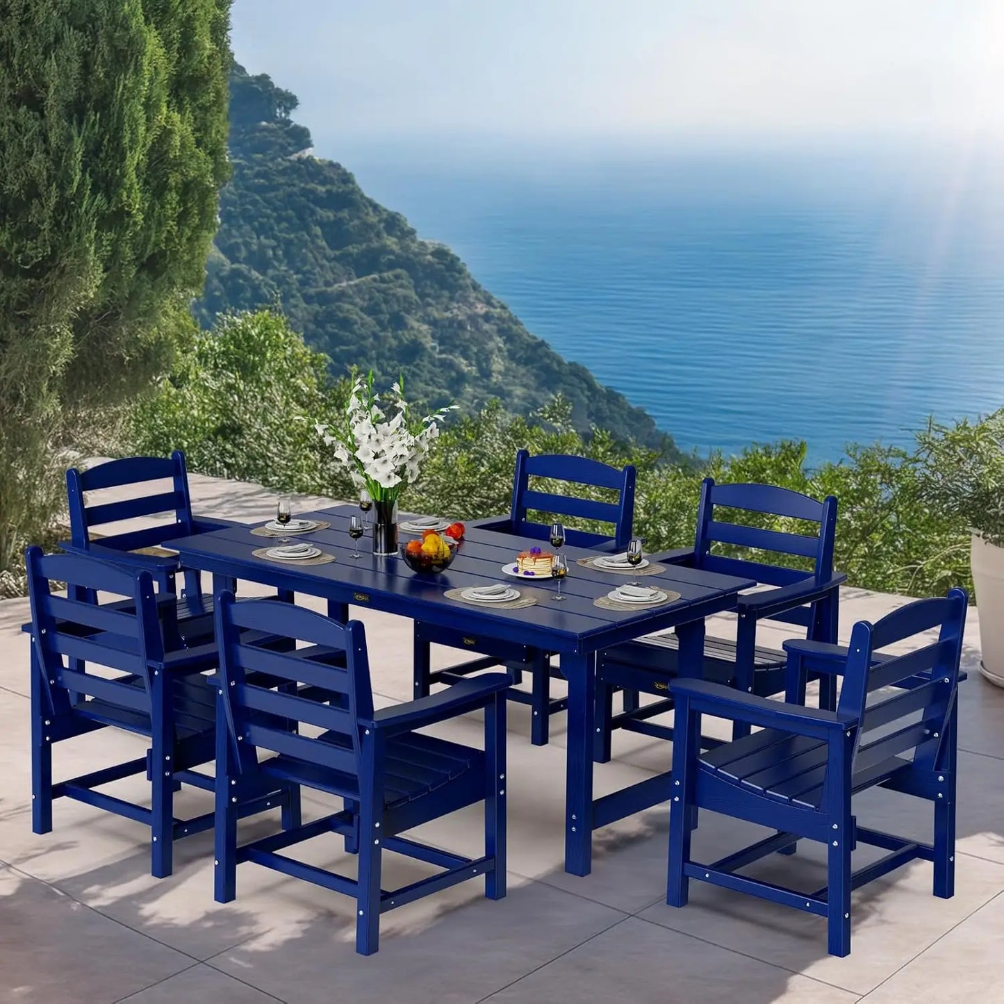 7-Piece Outdoor Patio Dining Set, HDPE All-Weather Rectangular Table with Umbrella Hole & 6 Patio Dining Chairs, Durable Patio