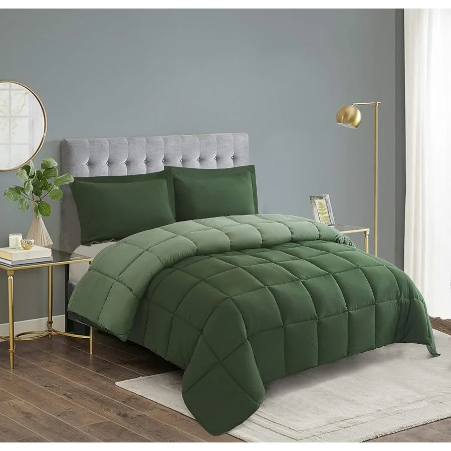 3pc Green Queen Size Down Alternative Comforter Set for Cozy Bedroom Decor Hypoallergenic and Lightweight with Soft Touch Fabri
