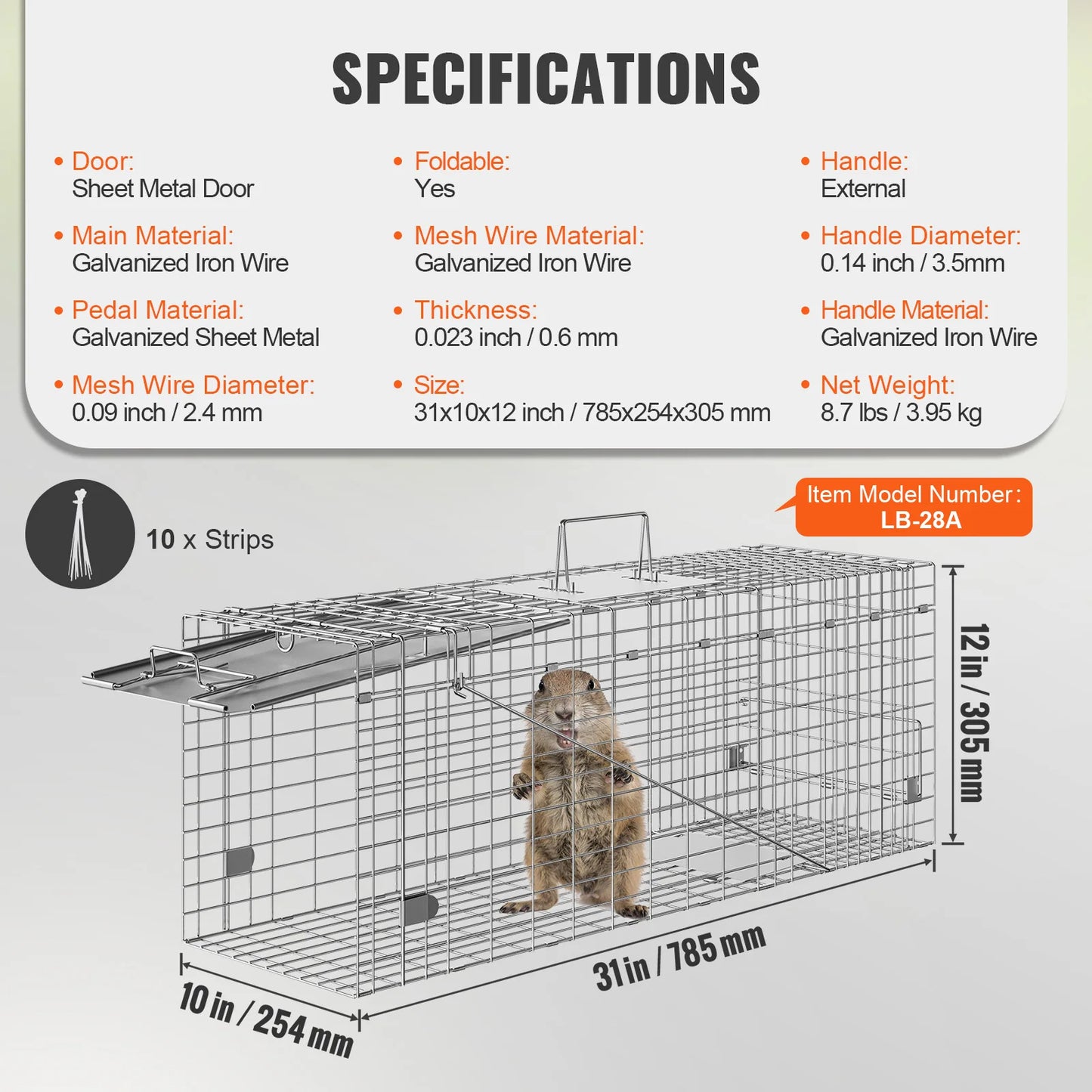 24/31/42/50in Animal Cage Trap Folding Humane Cat Trap Galvanized Iron with Handle for Rabbits Squirrels Groundhogs