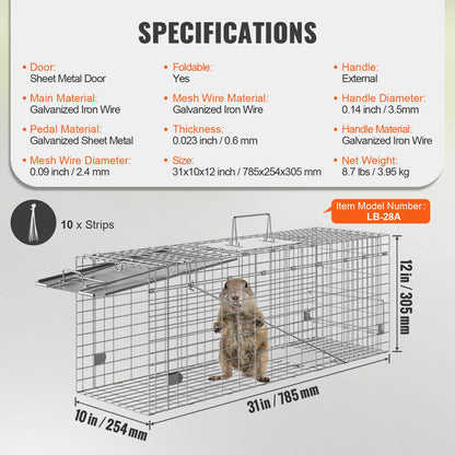 24/31/42/50in Animal Cage Trap Folding Humane Cat Trap Galvanized Iron with Handle for Rabbits Squirrels Groundhogs