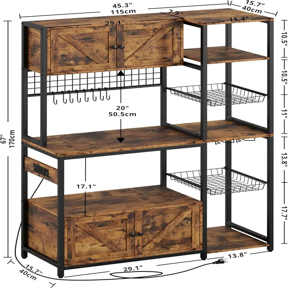 Bakers Rack with 2 Storage Cabinets and Power Outlet, 45.3 Inch Kitchen Microwave Stand with Storage, Coffee Bar Cabinet