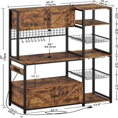 Bakers Rack with 2 Storage Cabinets and Power Outlet, 45.3 Inch Kitchen Microwave Stand with Storage, Coffee Bar Cabinet