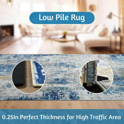 Modern Abstract Washable Area Rugs  Stain Resistant Non Slip Large Blue Soft Indoor Carpet for Home Decor