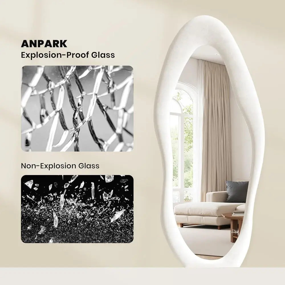 Full Length Mirror 71"x30" Irregular Full Body Wall Mounted Floor Mirror Without Stand Ivory Flannel Wrapped Frame Leaning Hangi