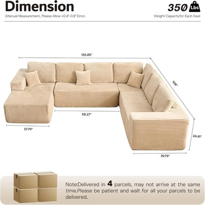 U Shaped Sofa Boneless Couch with Chaise 135" Cloud Modular Sectional Couch for Living Room Big Comfy Couches Set  furniture