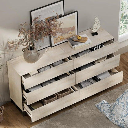 Dresser and Nightstand Set of 3, 63 Inches Dresser with 6 Drawers, 2 Nightstand with Drawer and Cabinet for Bedroom, Bedroom Fu