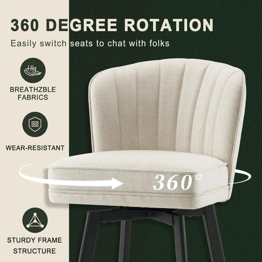 Swivel Counter Height Bar Stools Set of 2, 26'' Modern Barstools with Backs and Metal Legs, Upholstered Bar Chairs, Beige, Fabri