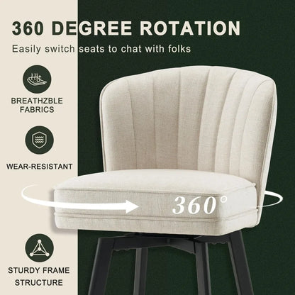 Swivel Counter Height Bar Stools Set of 2, 26'' Modern Barstools with Backs and Metal Legs, Upholstered Bar Chairs, Beige, Fabri