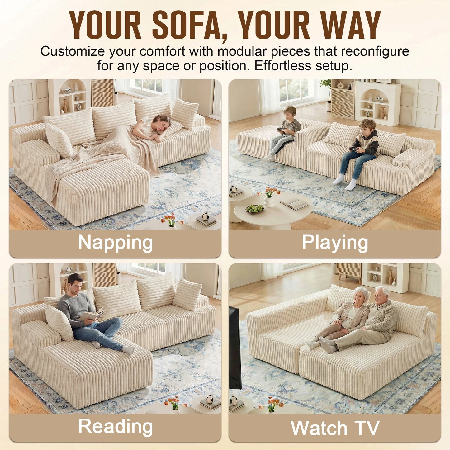 L-Shape Corduroy Sectional Sofa,Cloud-Like Couch,Boneless Couches, No Assembly Required,Deep Seat, for Living Room