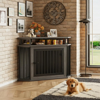 44" Corner Dog Crate with 2-Tier Shelves, Wooden Kennel Furniture for TV Stand, Indoor Pet Enclosure for Small/Medium Dogs