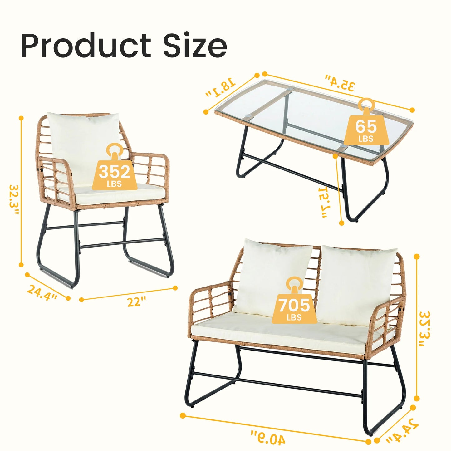 Outdoor Wicker Patio Furniture Set 4 Pieces with Soft Cushion and Glass Table Manual Weaving Patio Chairs For Garden Lawn