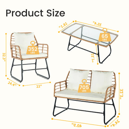 Outdoor Wicker Patio Furniture Set 4 Pieces with Soft Cushion and Glass Table Manual Weaving Patio Chairs For Garden Lawn