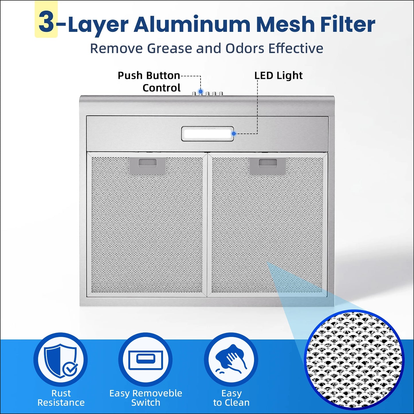 24in Under Cabinet 280CFM Stainless 3-Way Vent,LED Bulb,3-Speed, Easy Clean, A++ Energy 120V Range Hood