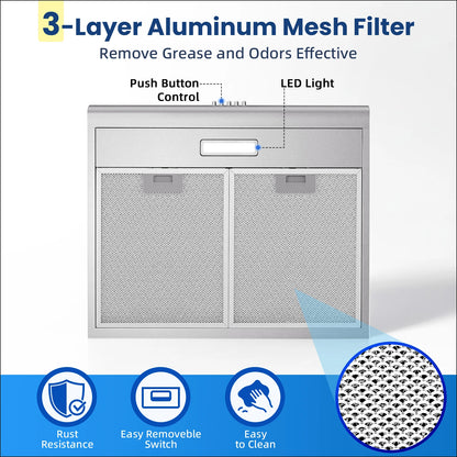 24in Under Cabinet 280CFM Stainless 3-Way Vent,LED Bulb,3-Speed, Easy Clean, A++ Energy 120V Range Hood