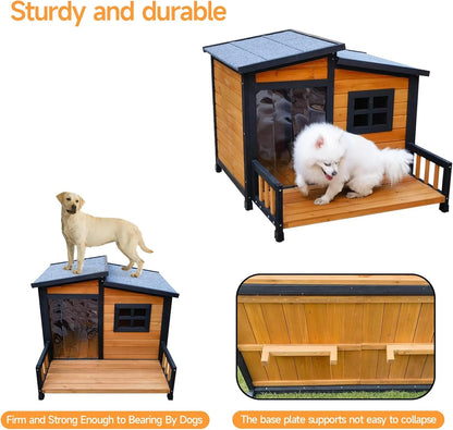Large Indoor Outdoor Dog House,Wood Insulated Dog House,Weatherproof Outside Shelter with Elevated Floor,Easy to Assemble