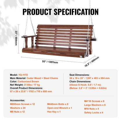 Wooden Porch Swing 5 ft Patio bench swing for Courtyard Garden Upgraded 880 lbs Strong Load Capacity Swing Chair Bench