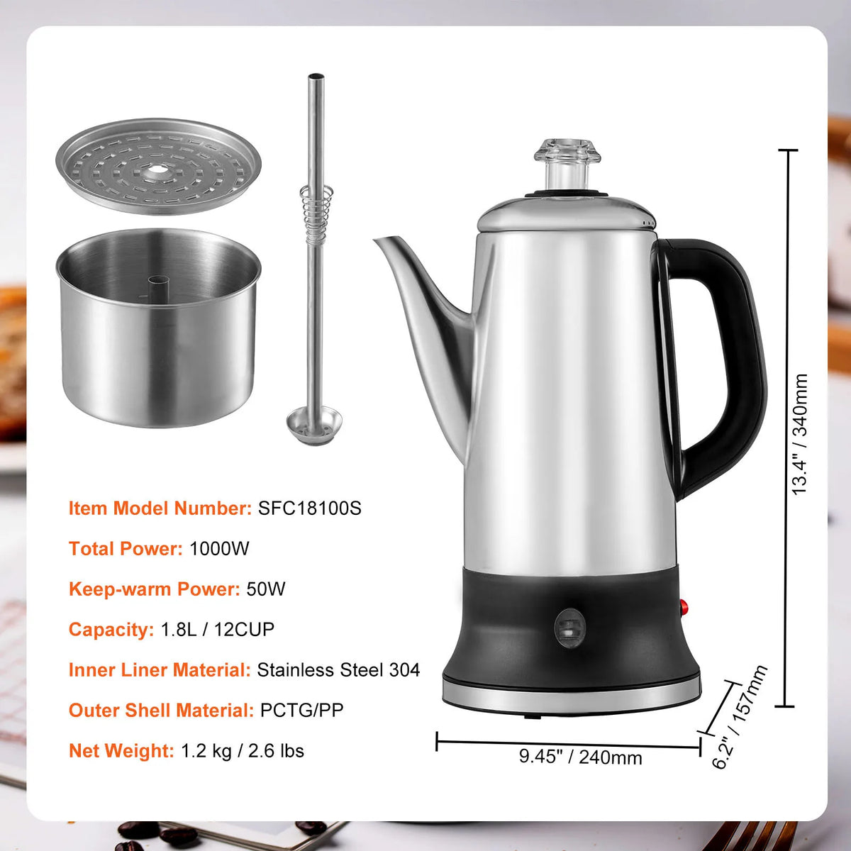 12-Cup Electric Percolator Coffee Pot 304 Stainless Steel Coffee Percolator with Keep Warm Function