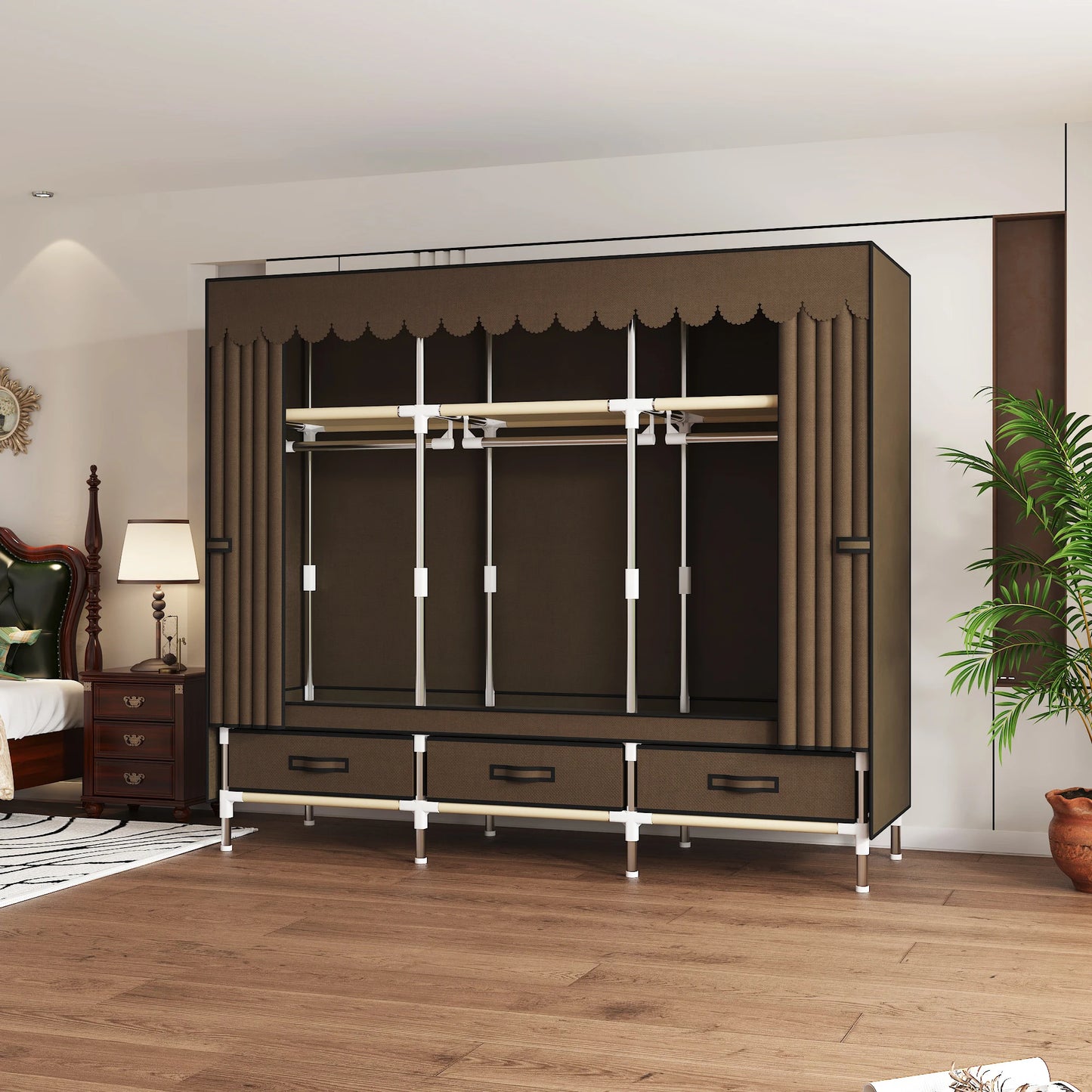 Portable Wardrobe Closet with Steel Frame Non-Woven Fabric Dust Cover - Includes Storage Compartment And Drawers for Bedroom