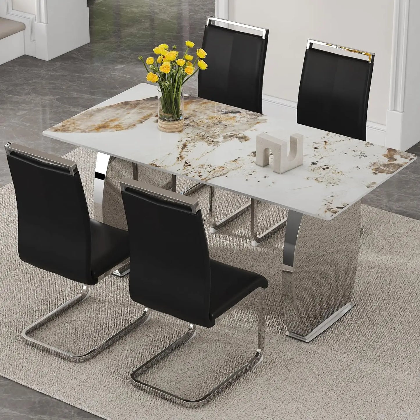 5-Piece Rectangular Faux Marble Dining Set with 4 White Chairs