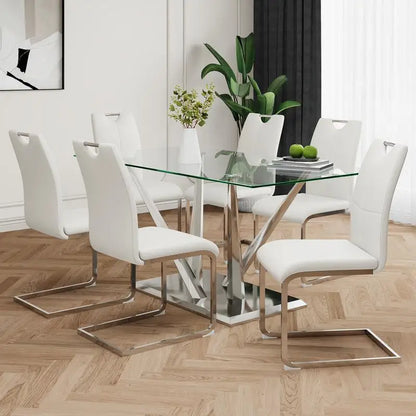 Elegant Glass Dining Table Set with Stainless Steel Base & 6 White Chairs - Modern Transparent Design for Dining Room
