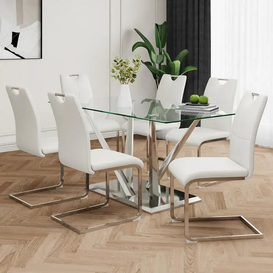 Elegant Glass Dining Table Set with Stainless Steel Base & 6 White Chairs - Modern Transparent Design for Dining Room
