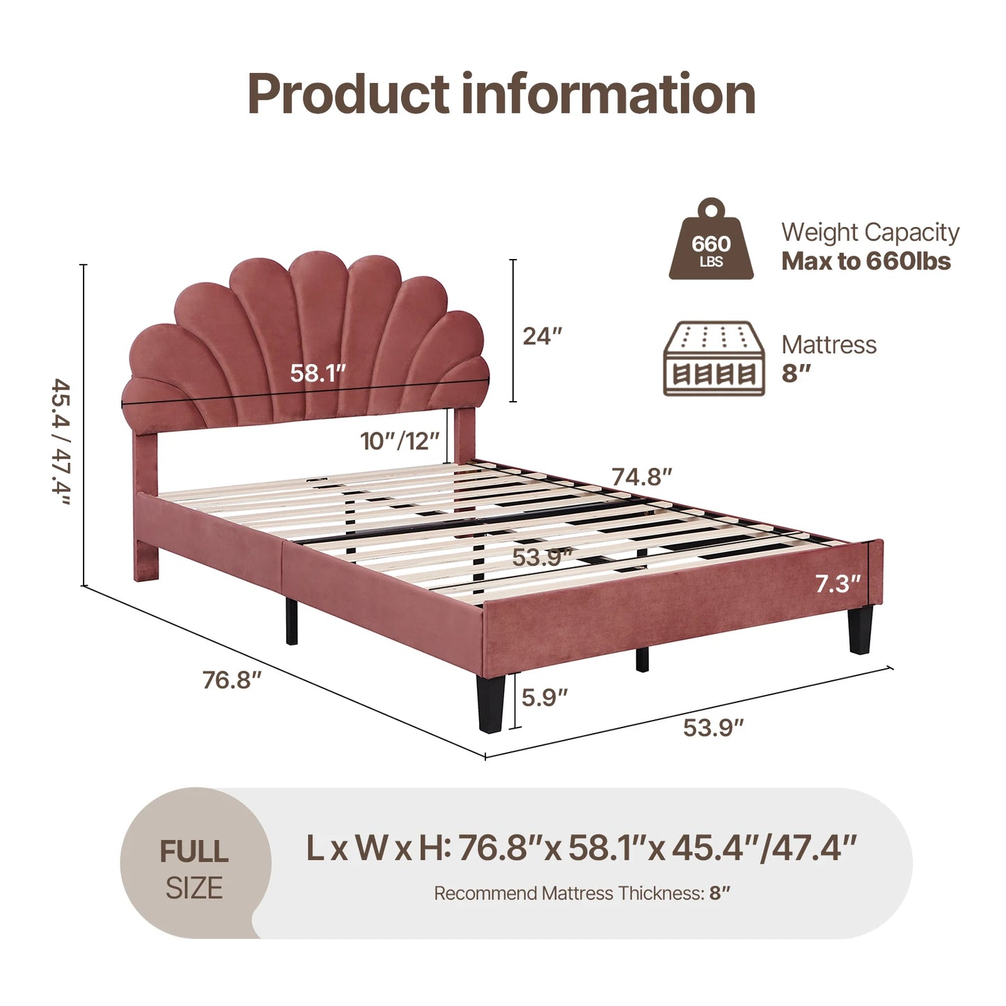 Bed Frame/Velvet Upholstered Platform Bed Frame with Flower Pattern Headboard/Strong Wood Slats Support/Mattress Foundation/No B