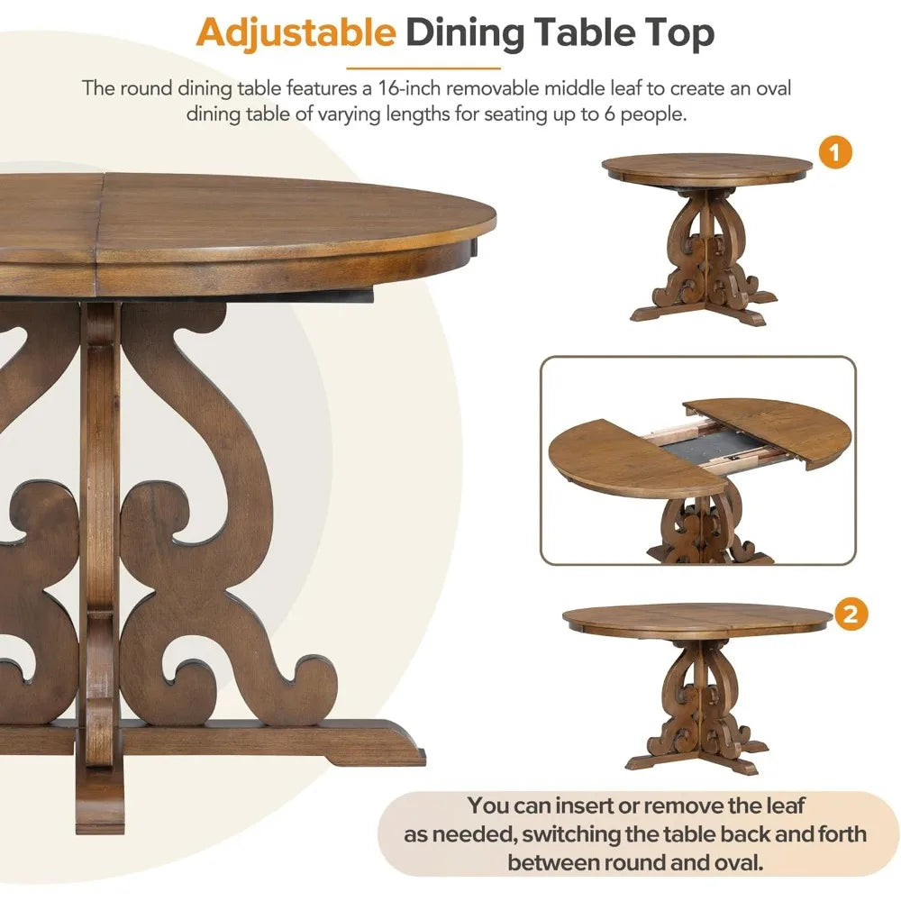 5-piece retro functional dining set, solid wood extendable dining table with a 16-inch leaf and 4 upholstered chairs