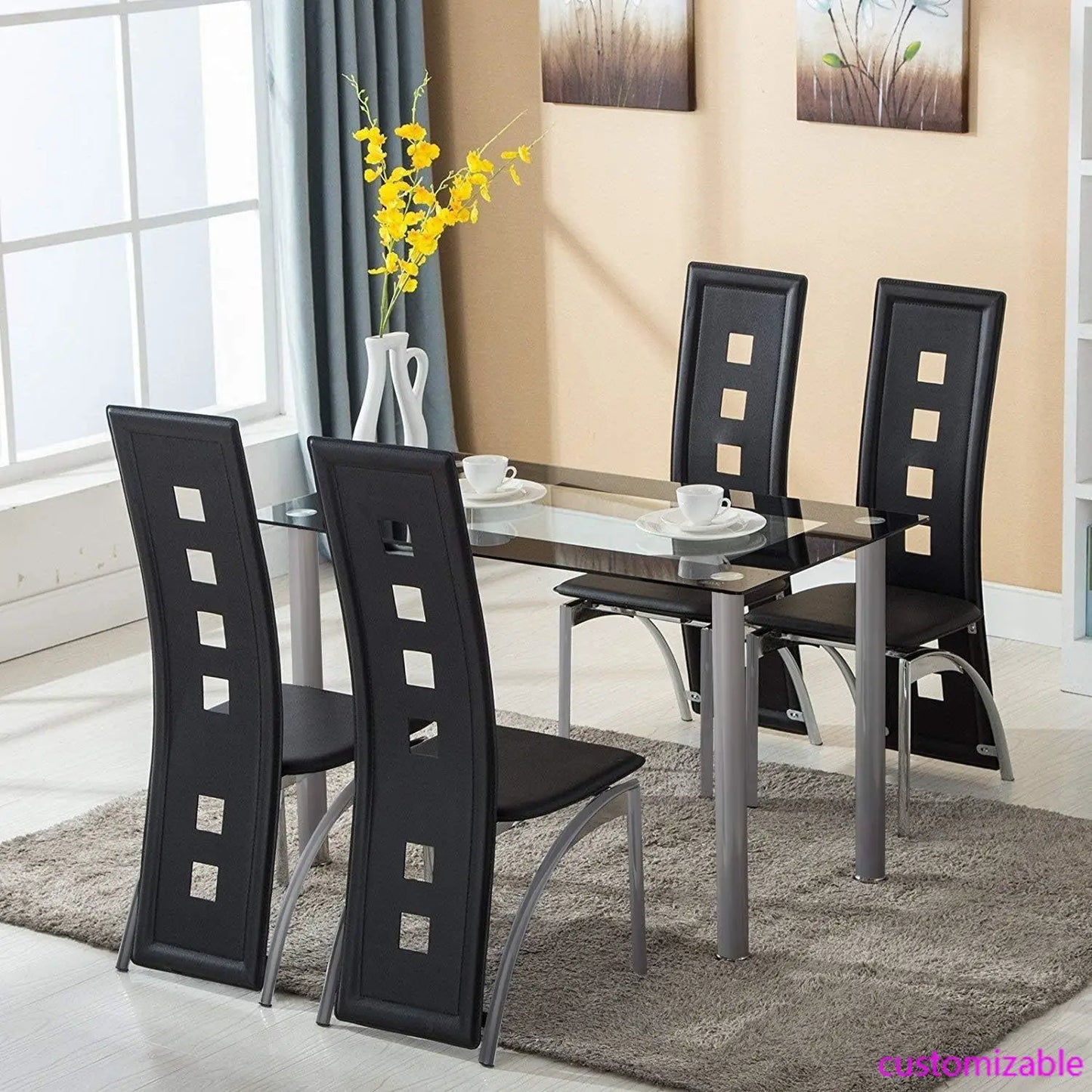 Dining Table Set, 5 Piece Glass Kitchen Table and Leather Chairs Furniture (Black)