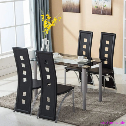 Dining Table Set, 5 Piece Glass Kitchen Table and Leather Chairs Furniture (Black)