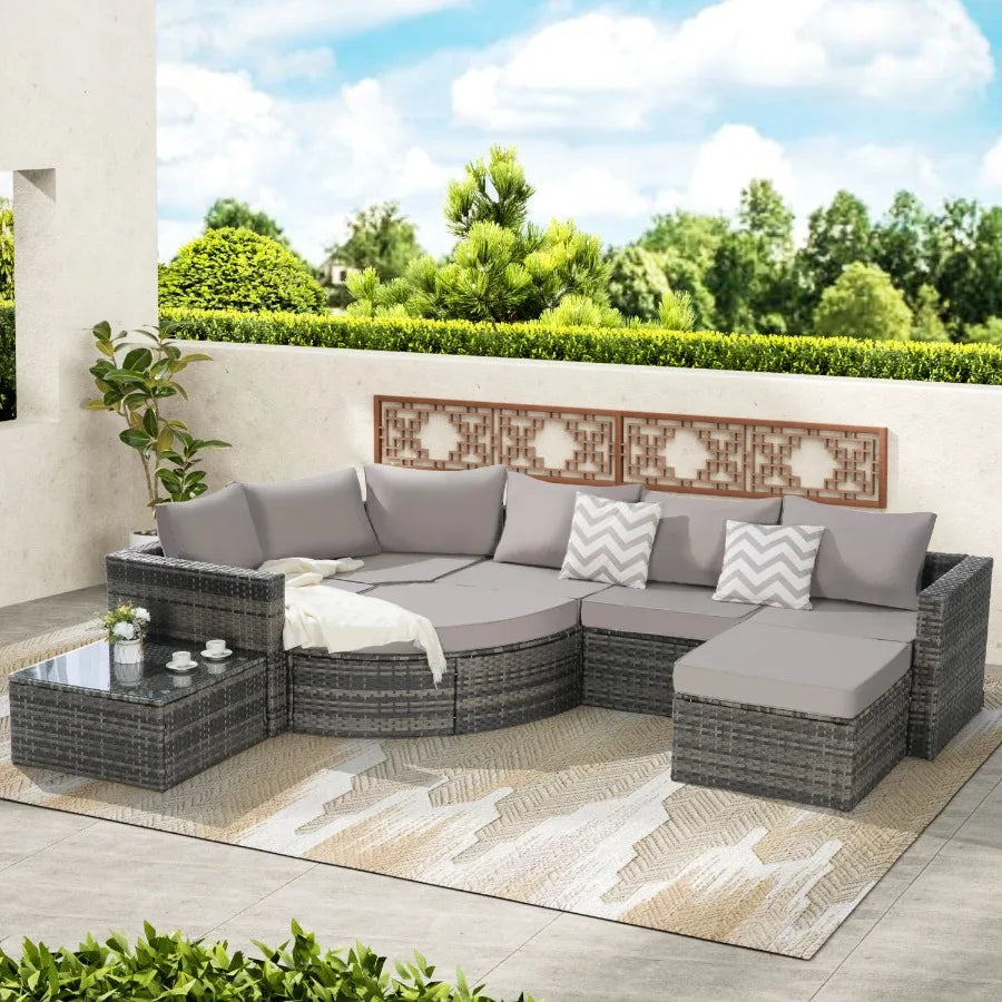 8 Piece Outdoor Patio Sofa Set Sectional L Shaped Patio Furniture Wicker Patio Conversation Set with Curved Sofa man Glass Top