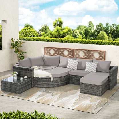 8 Piece Outdoor Patio Sofa Set Sectional L Shaped Patio Furniture Wicker Patio Conversation Set with Curved Sofa man Glass Top