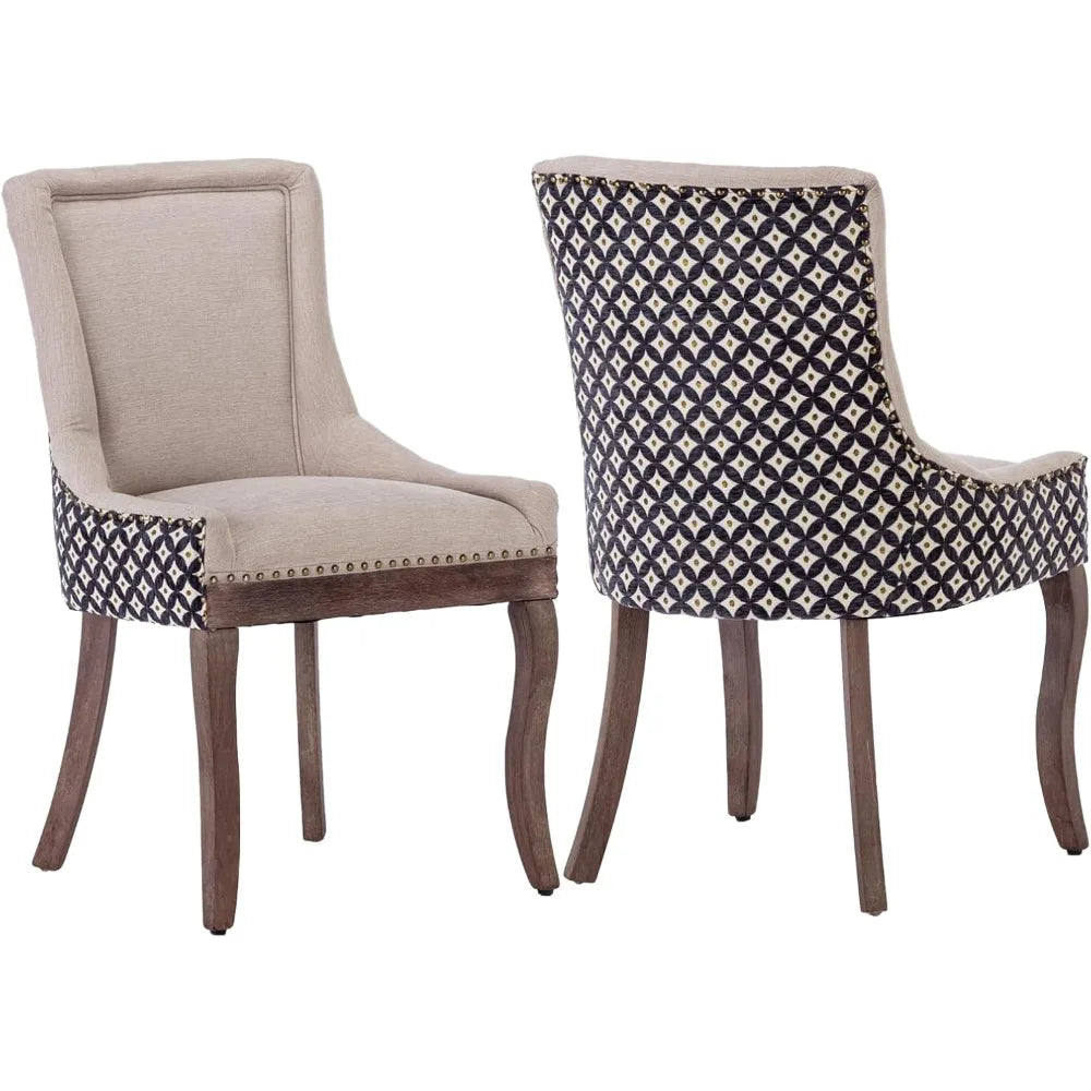 Modern Dining Chairs Set of 2 - High Back Upholstered Fabric Chairs with Solid Wood Legs for Dining Room