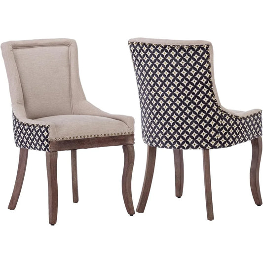 Modern Dining Chairs Set of 2 - High Back Upholstered Fabric Chairs with Solid Wood Legs for Dining Room