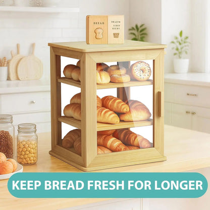Bread Box,Pastry Display Case for  Kitchen Counter, Wooden Large Capacity Bread and fruit Storage Bin