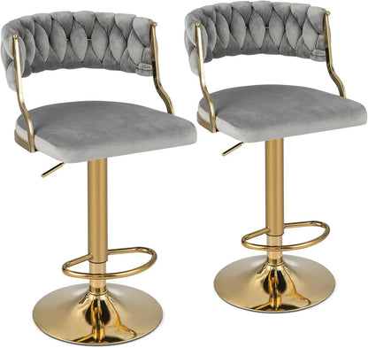 Velvet Adjustable Bar Stools Set of 2, Max Load 400 Lbs, Modern Upholstered Swivel Barstools with Woven Back, Footrests, Adjust