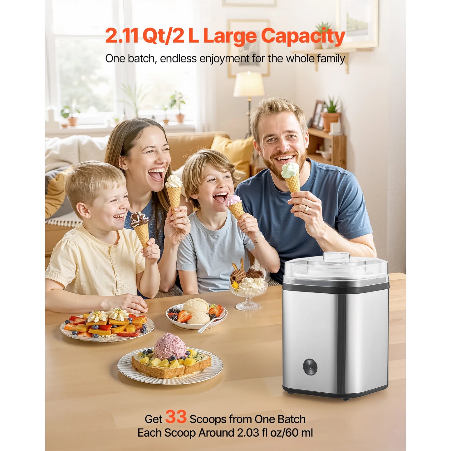 Ice Cream Maker 2.11 Qt. Electric Automatic w/ Easy Operation&Cleaning Stainless Steel Shell for Homemade Frozen Yogurt