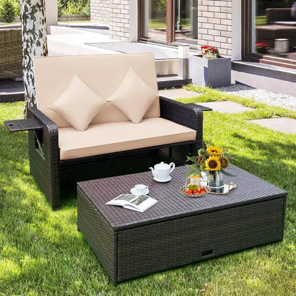 Patio Rattan Daybed, Patiojoy Wicker Loveseat Sofa w/Multipurpose Ottoman & Retractable Side Tray, 4-Level Adjustable B