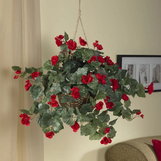 24” Begonia Flower Artificial Plant in Hanging Basket Home Decor.
