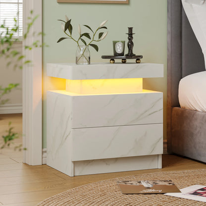 LED Nightstands with 2 Drawers, End Table with RGB LED Lights for Bedroom Living Room, White Bedside Table