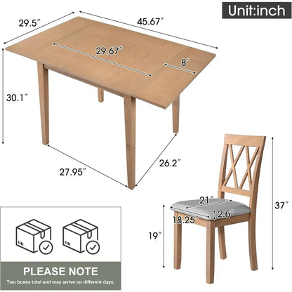 3-Piece Set – Drop-Leaf Table & 2 Upholstered Chairs, Wooden Dining Set for Small Spaces