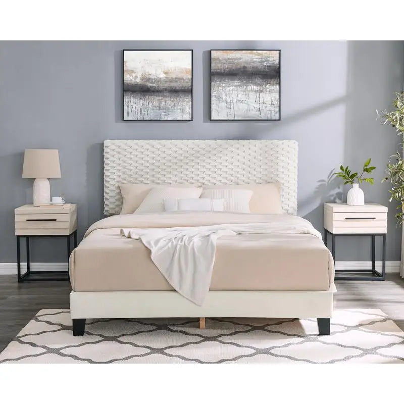 3-Piece Bedroom Set, Plush 3D Upholstered Bed & 2 Nightstands, Queen Size
