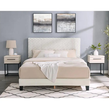 3-Piece Bedroom Set, Plush 3D Upholstered Bed & 2 Nightstands, Queen Size