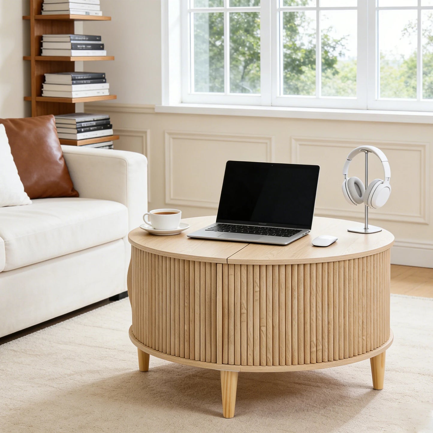 31IN Round Coffee Table with Flip-Top Storage Fluted Center Table 2-Tier Wood Desktop with Sliding Cabinet Door Living Room