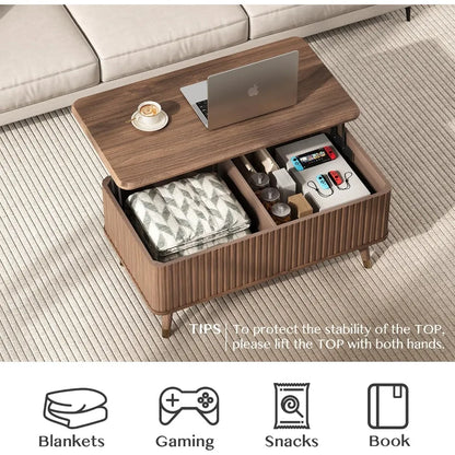 Lift Top Coffee Table with Storage,Mid Century Modern Coffee Table,Fluted Wood Rectangle Center Table for Living Room,Office