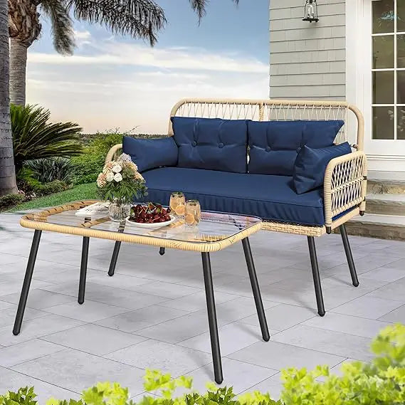 7 Pieces Patio Furniture Set, Sectional Sofa PE Rattan Wicker Conversation Set Outside Couch with Table and Cushions for Porch